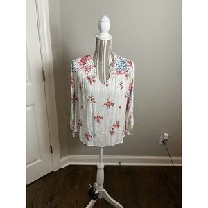 Lucky Brand White Floral Peasant Top Sz Medium V Neck Viscose Blouse